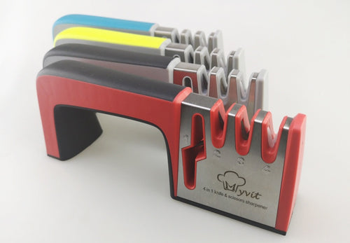 A Four-in-one Family Uses A Sharpener To Sharpen A Kitchen Knife snapshop