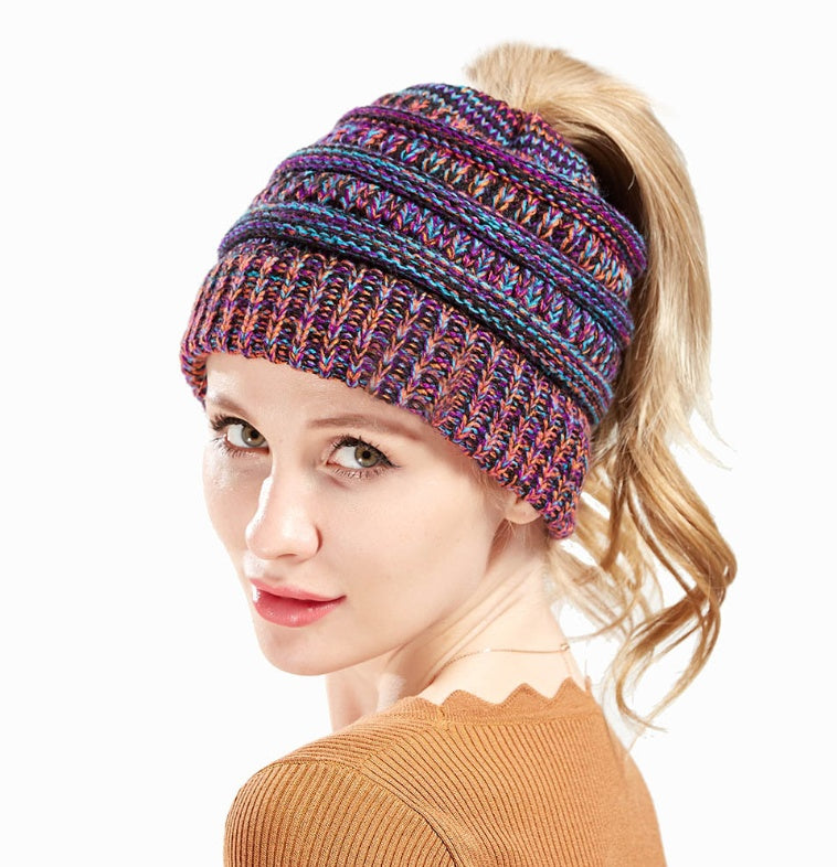 Mixed Color Knitted Wool Hat Ladies Non-labeled Ponytail Hat snapshop