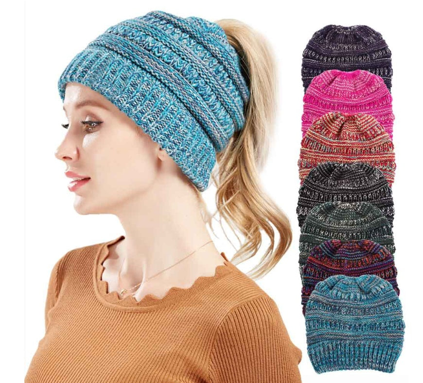 Mixed Color Knitted Wool Hat Ladies Non-labeled Ponytail Hat snapshop